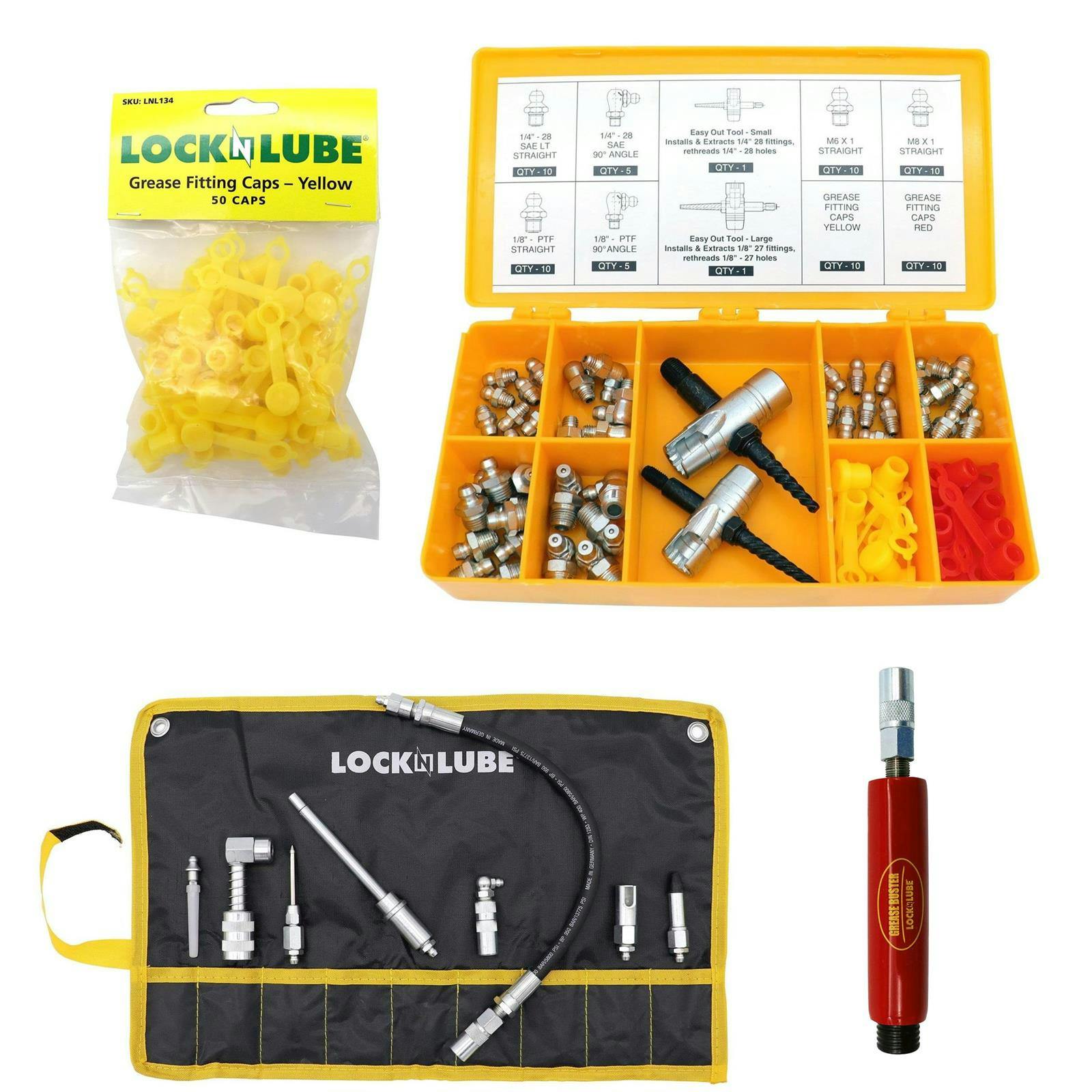 LockNLube Accessories Kit, Grease Buster, Q/C, Fittings, 50 Caps
