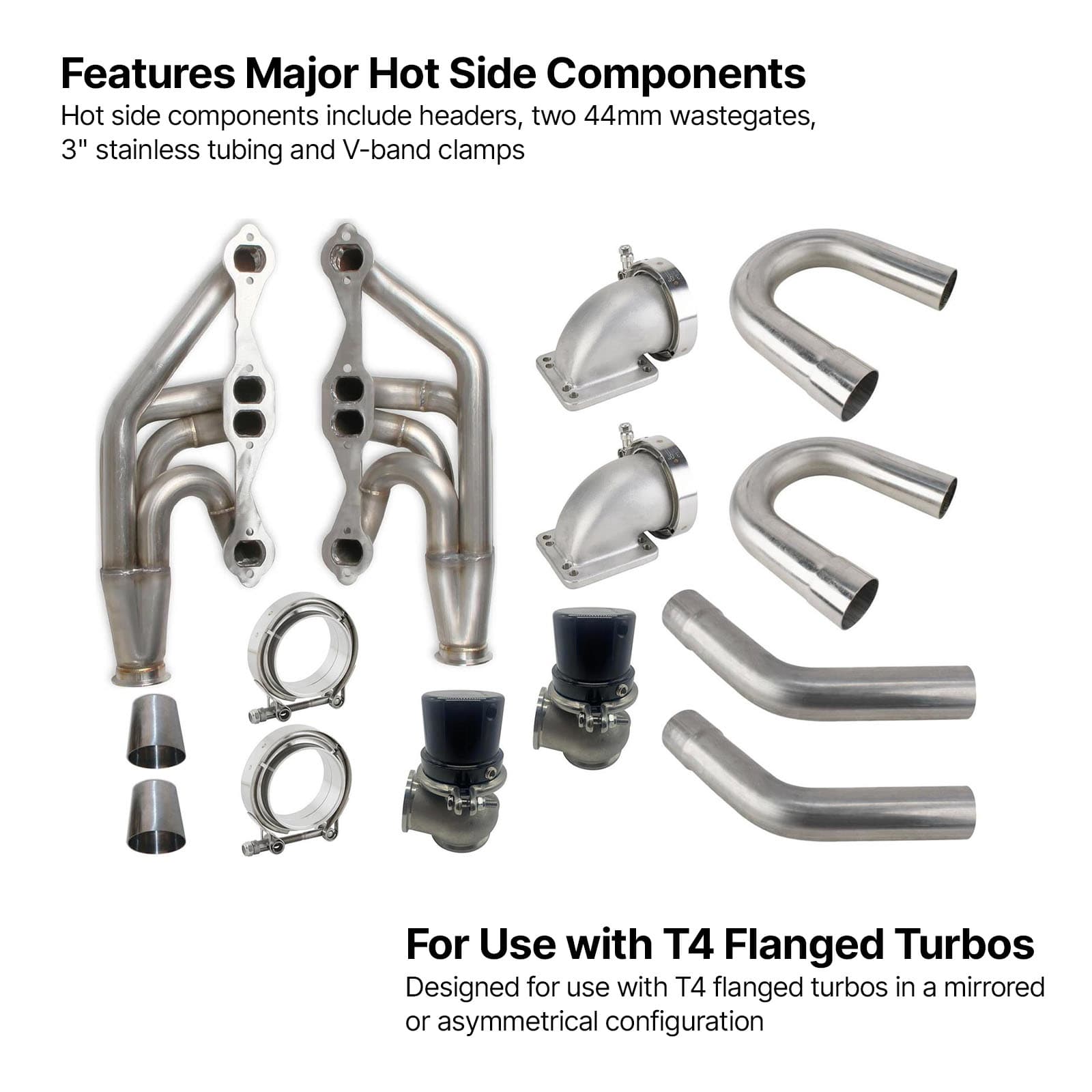 SBC Twin-Turbo Hot Side Kit W/ 44mm Wastegates and 3-in. Piping