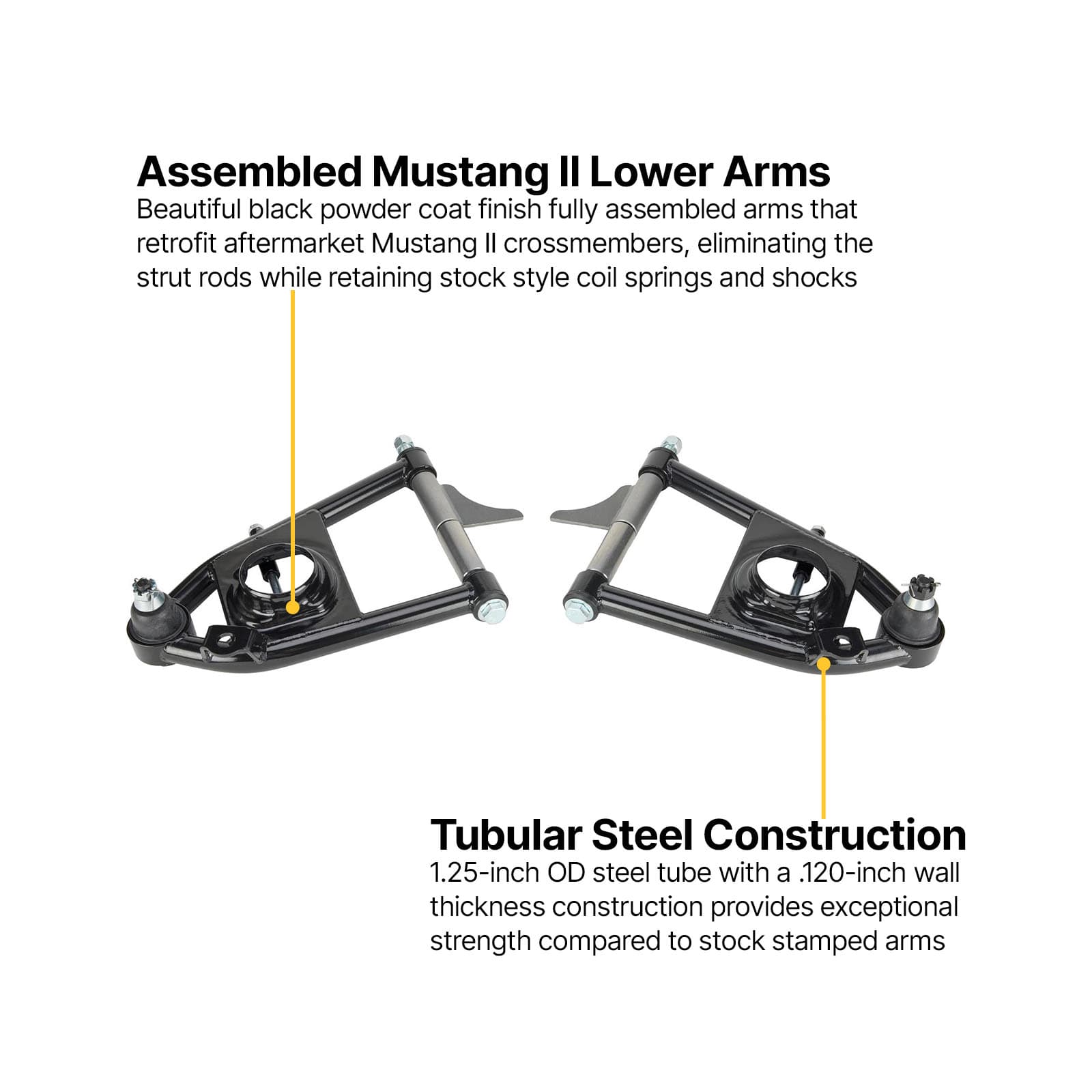 Mustang II Tubular Control Arms | Lower, Stock Width/Shock, Coated