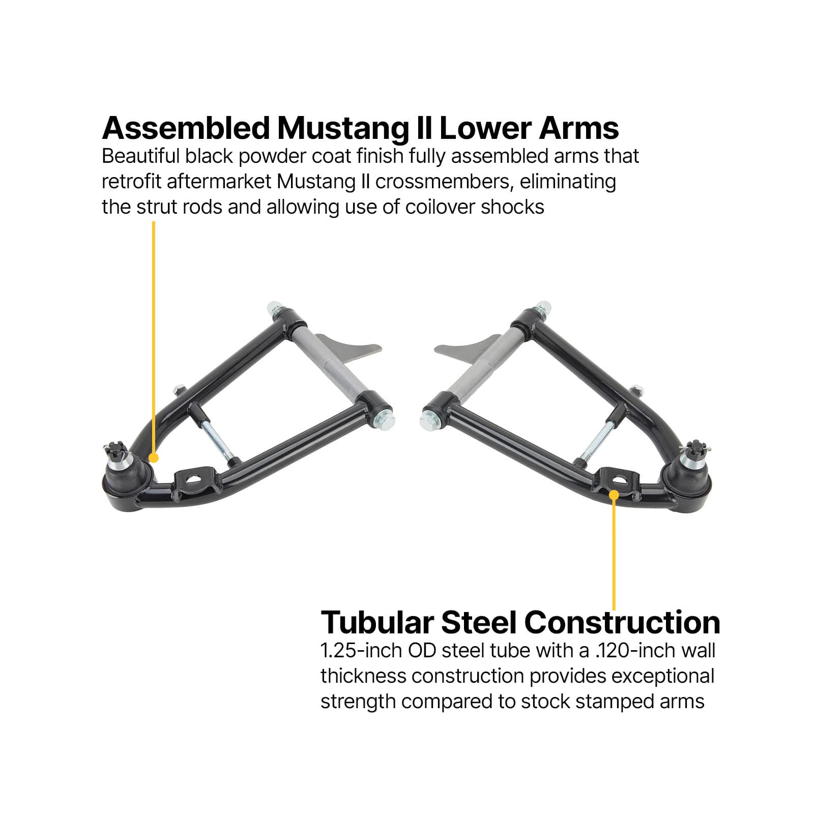 Mustang II Tubular Control Arms | Lower, Stock Width, Coilover, Coated