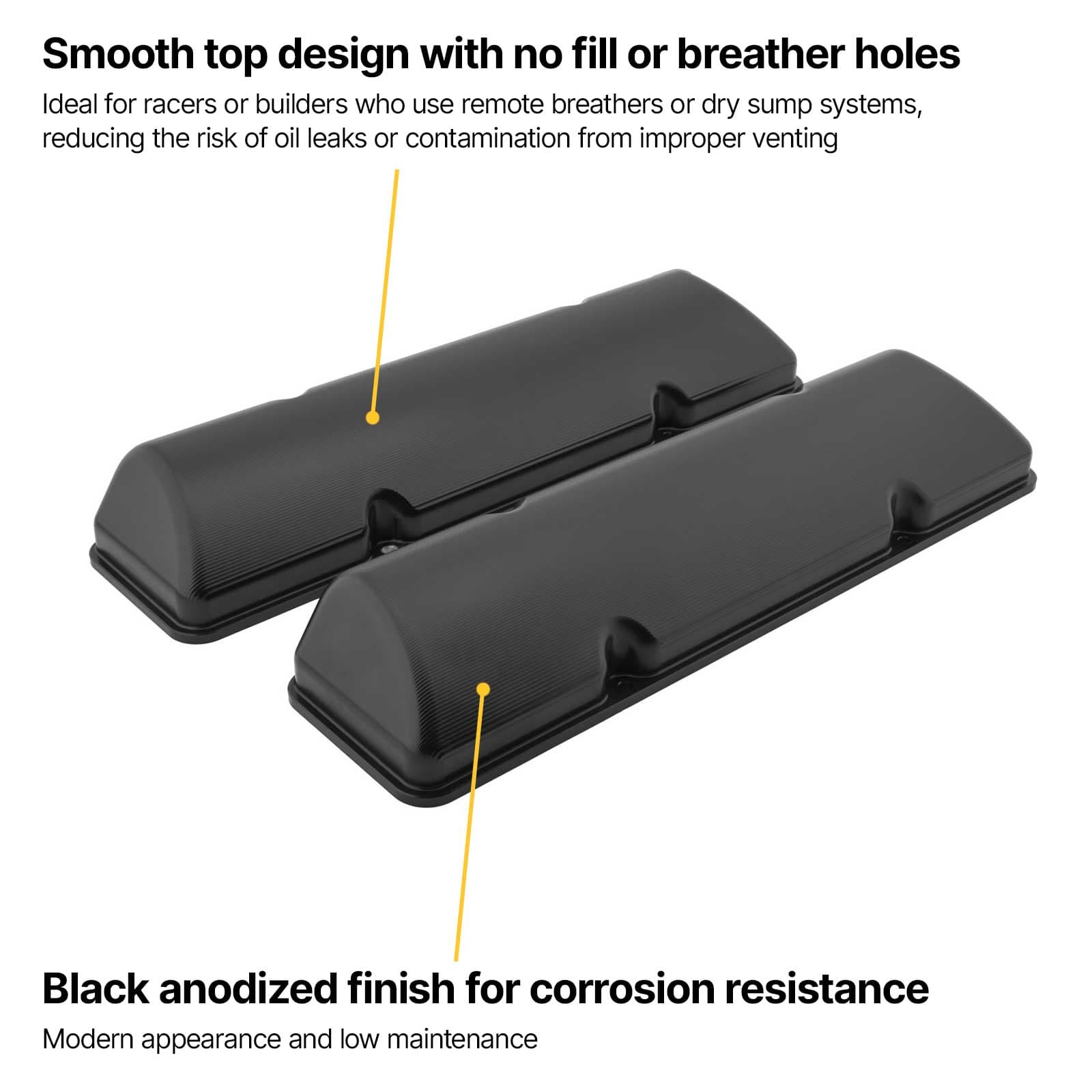 Billet Aluminum SBC Valve Covers, Black Anodized, Smooth Top