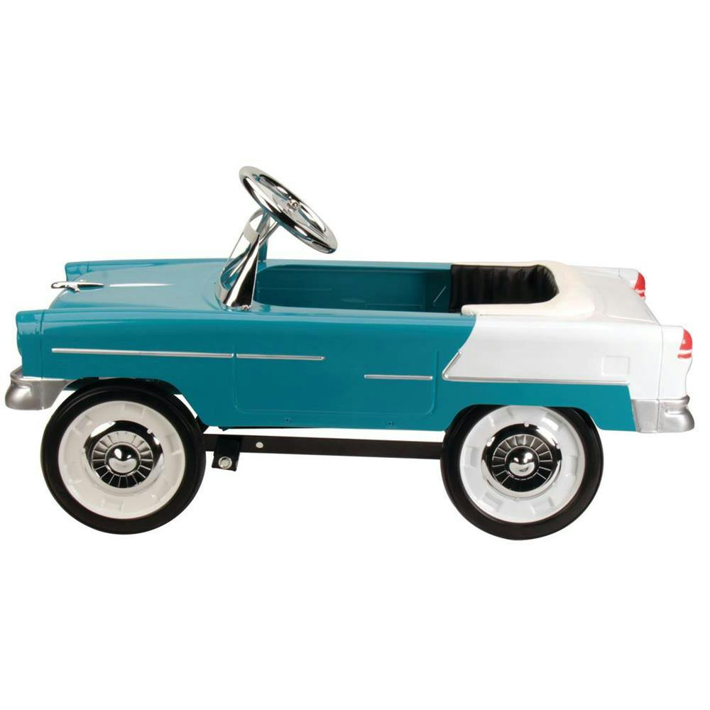 Retro Tri-Five 1955 Chevy Steel Metal Pedal Car, Aqua/White
