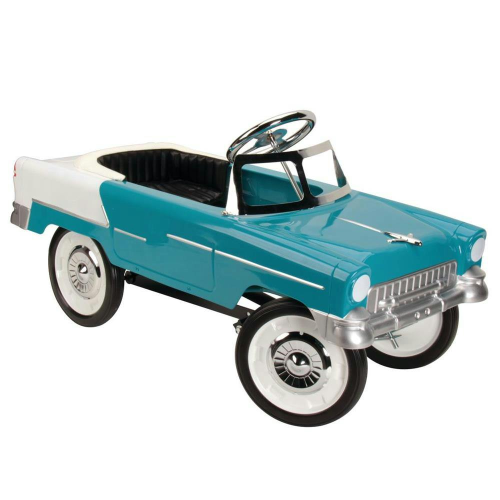 Retro Tri-Five 1955 Chevy Steel Metal Pedal Car, Aqua/White