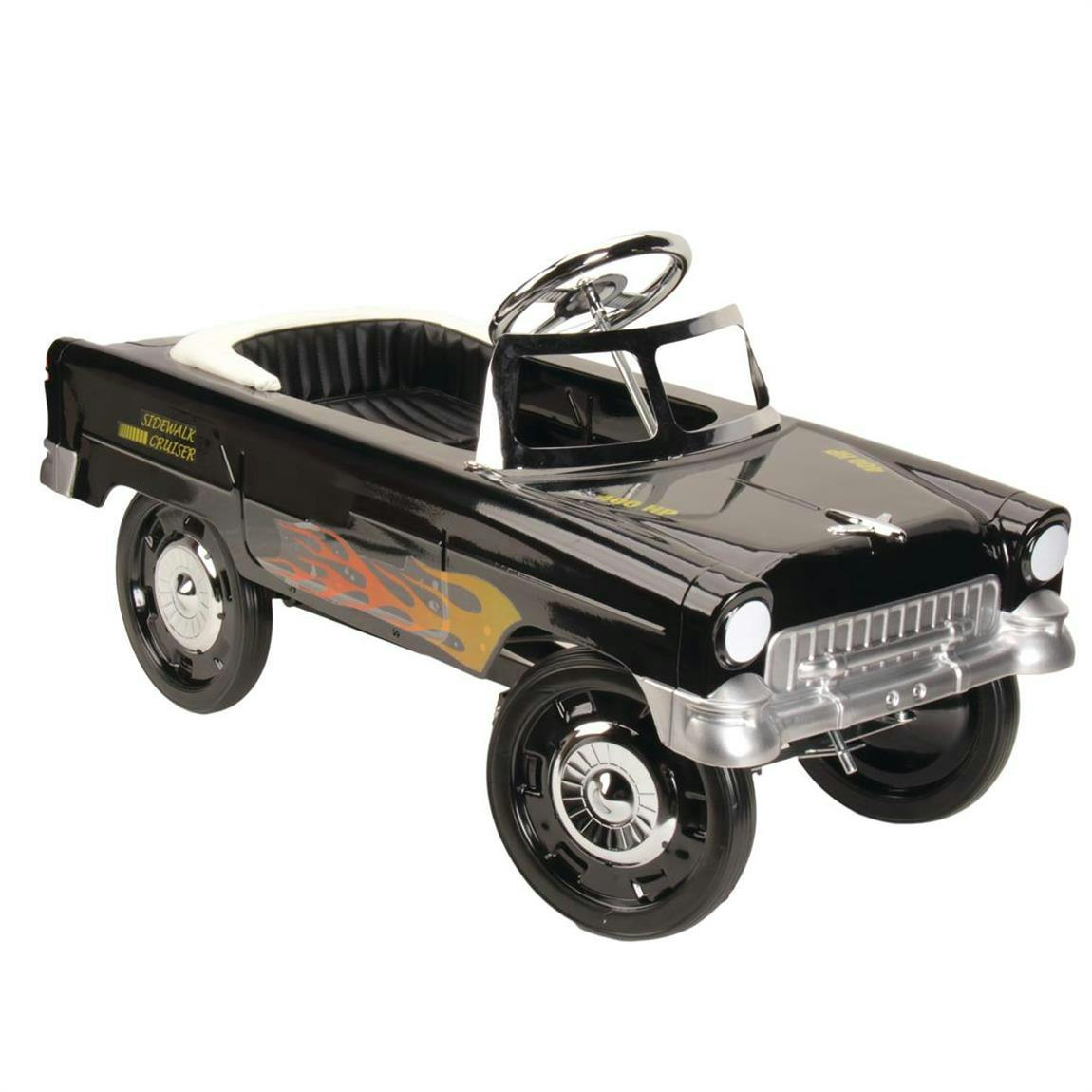 Retro Tri-Five 1955 Chevy Steel Metal Pedal Car, Black w/Flames