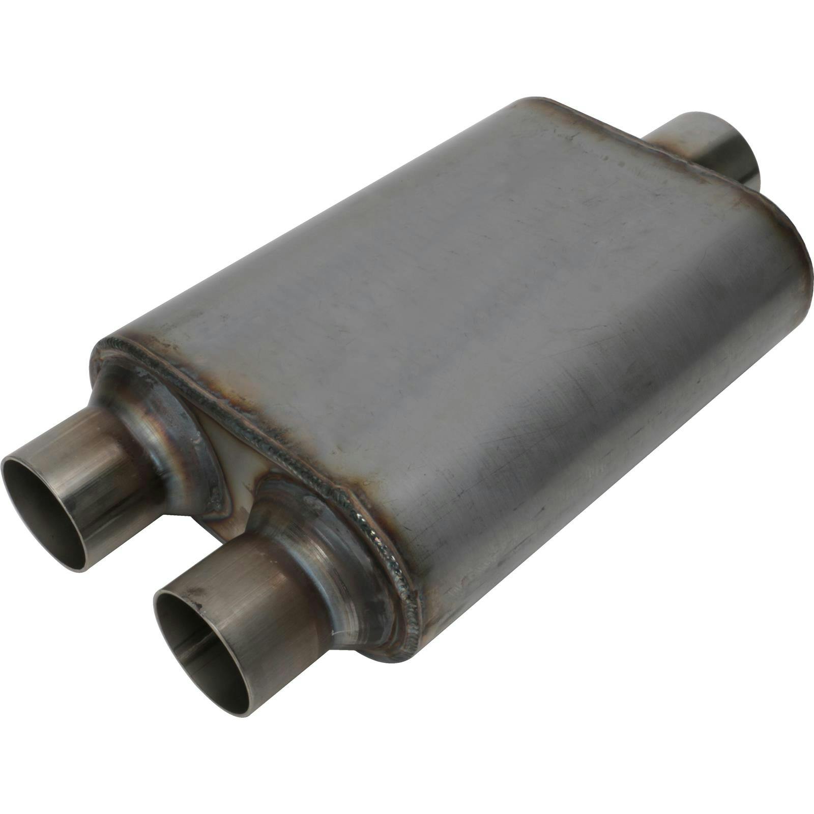 Stainless Steel Chamber Muffler, 3 Inch Centered/ 2.5 Dual Outlet
