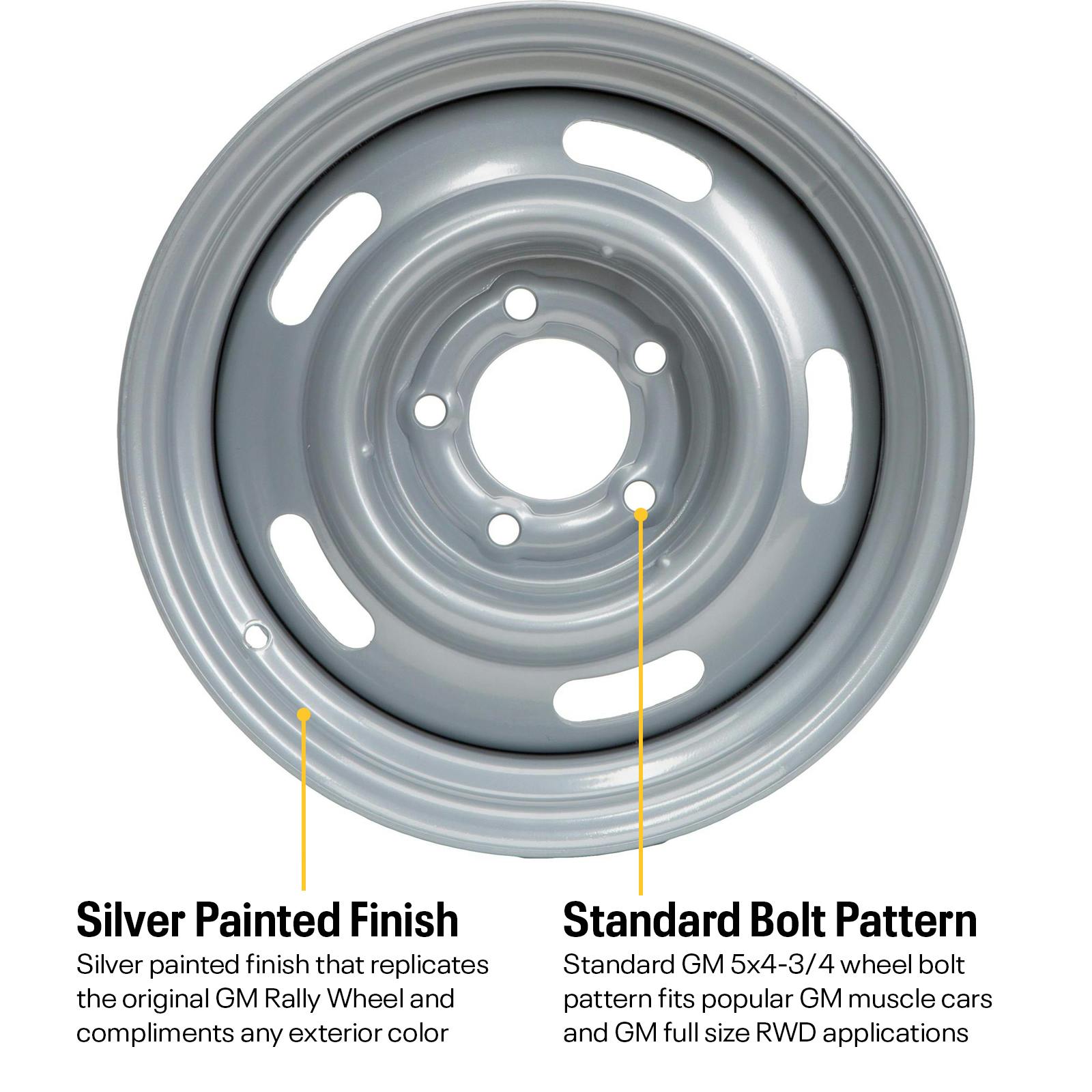 Speedway GM Style 15x8 In Rally Wheel, 5 on 4.75 Inch BP, Silver