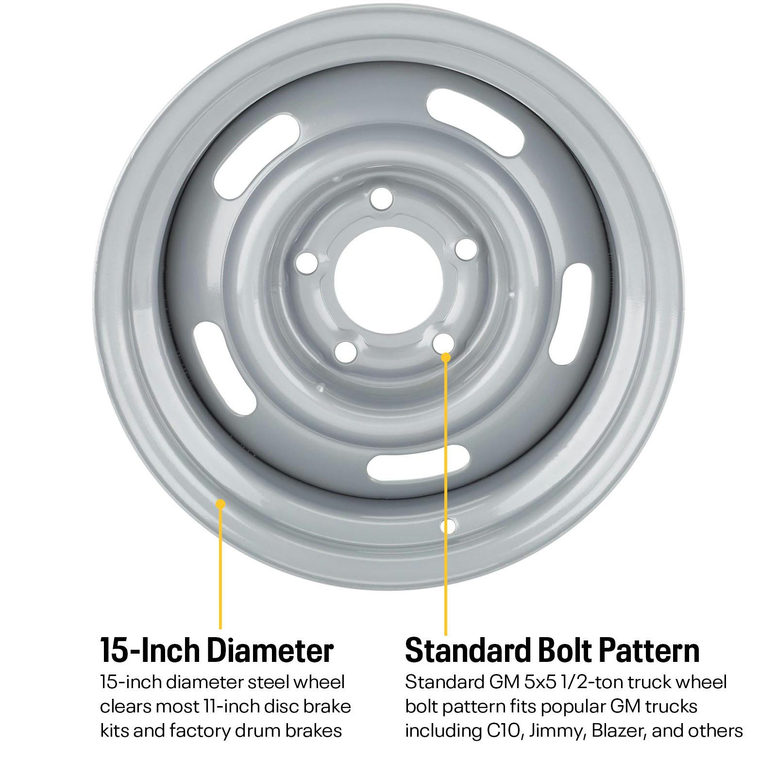 Speedway Steel GM-Style 15 Inch Rally Truck Wheel, 5 On 5 Inch