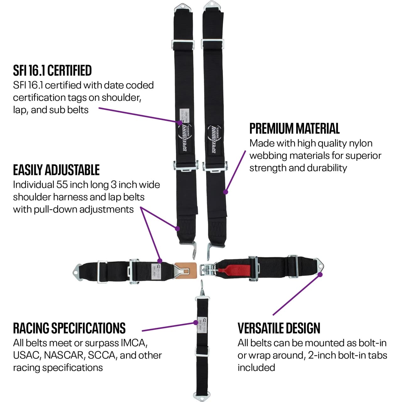 5 Point Racing Harness Seat Belt Combo, SFI Latch and Link, Pull Down